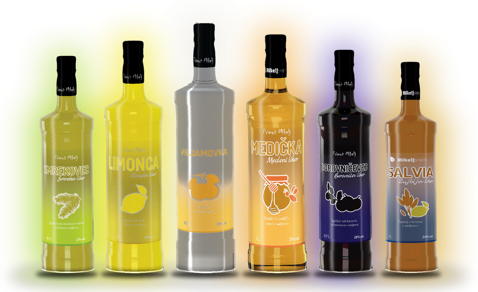 Kolekcija likerjev in žganih pijač MikeljSPIRITS